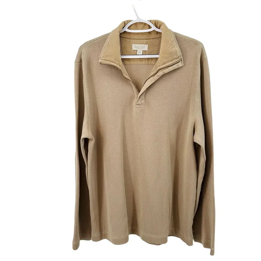 Banana Republic Tan 1/4 Zip Pullover Sweater Men's XL Long Sleeves Collared Slit